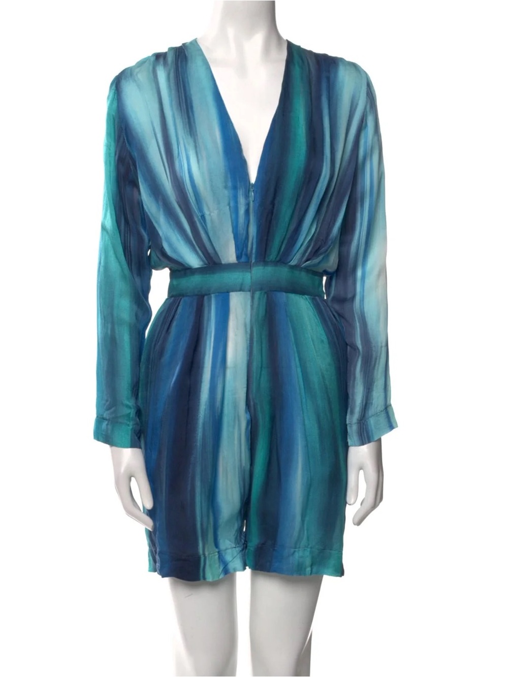 Carlos Miele Teal and Blue Striped Silk Long Sleeve Romper Size XS